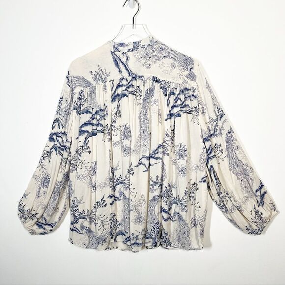 Free People Womens Size Small Oversized Cream Blue Floral Metallic Blooms Blouse - Picture 10 of 16